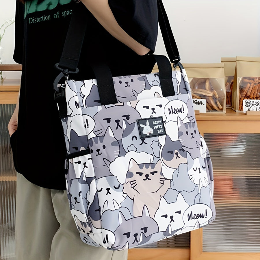 Cat Print Canvas Messenger Bag Laptop Shoulder Tote Handheld Carry Bag