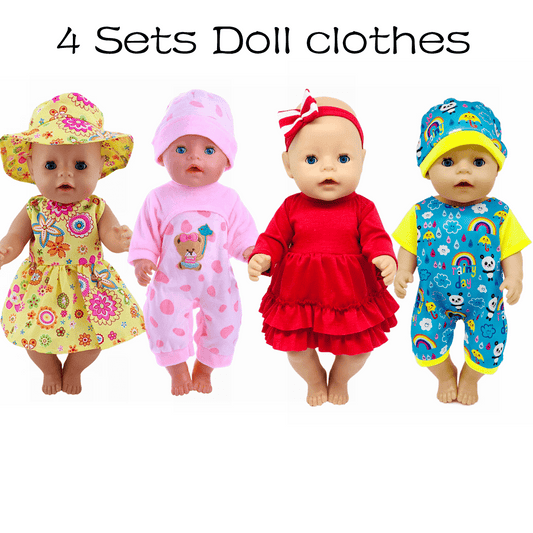 4-Piece Doll Clothing Set - Floral Dress, Hat, Pink Pajamas