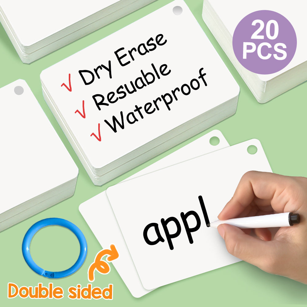 20pcs Double Sided Blank Flash Cards Dry Erase Waterproof Glossy Finish