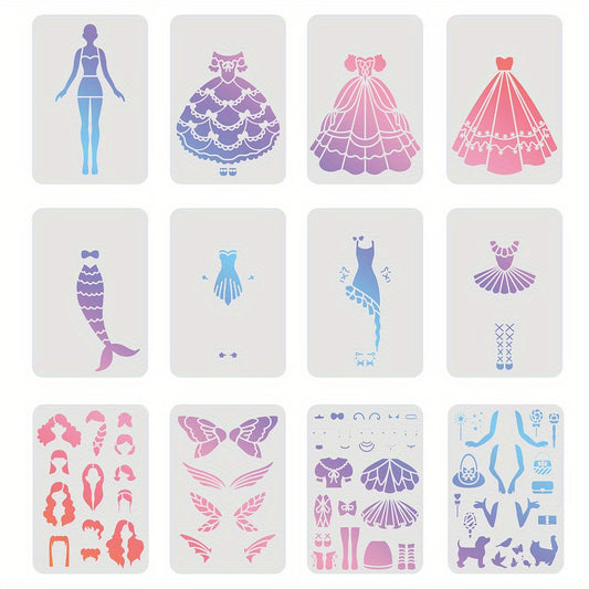12pcs Princess Themed Plastic Stencil Set for Crafts & Art Projects