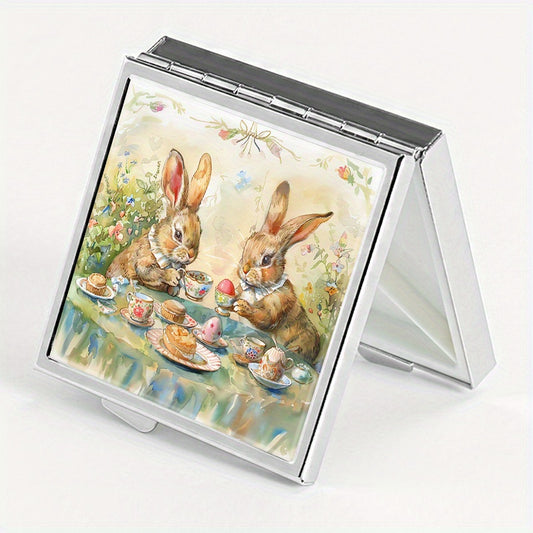 Tea Drinking Rabbit Print Pill Box with 4 Compartments