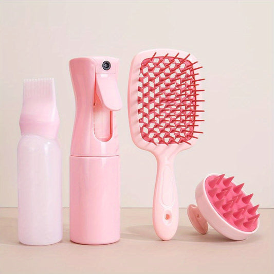 4pcs Pink Silicone Hair Styling Set w/ Detangling Brush & Dye Applicator Bot