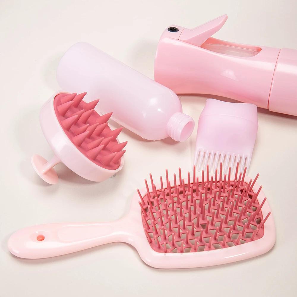 4pcs Pink Silicone Hair Styling Set w/ Detangling Brush & Dye Applicator Bot