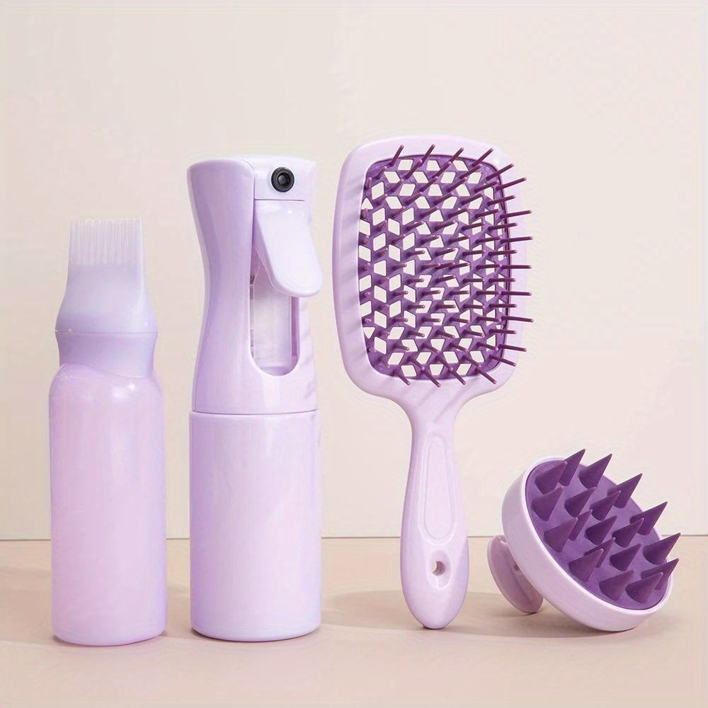 4pcs Pink Silicone Hair Styling Set w/ Detangling Brush & Dye Applicator Bot