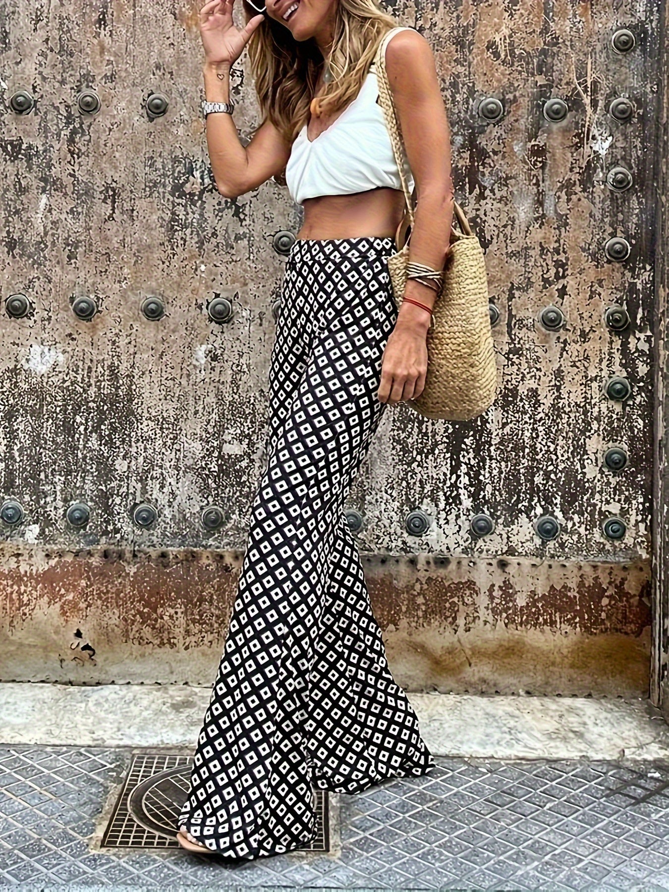  Boho Flared Leg Trousers, Argyle Print, High Rise