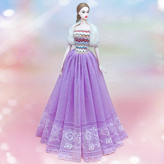 Doll Dress with Lace Detail and Faux Fur Shawl for Dolls Outfits