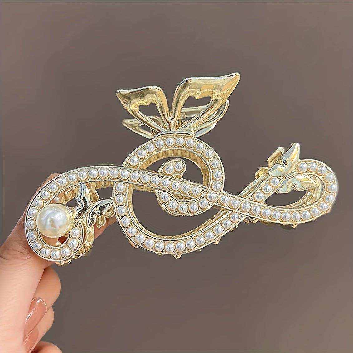 Musical Sign Hair Claw Rhinestone Faux Pearl Ponytail Holder