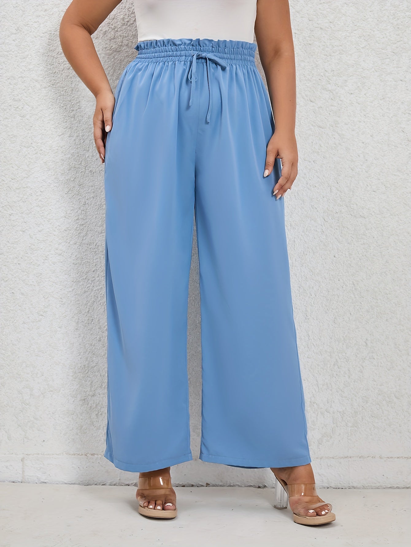  Solid Ruffle Trim Elastic Drawstring Wide Leg Pants