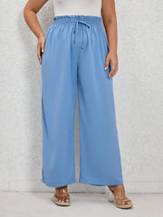  Solid Ruffle Trim Elastic Drawstring Wide Leg Pants