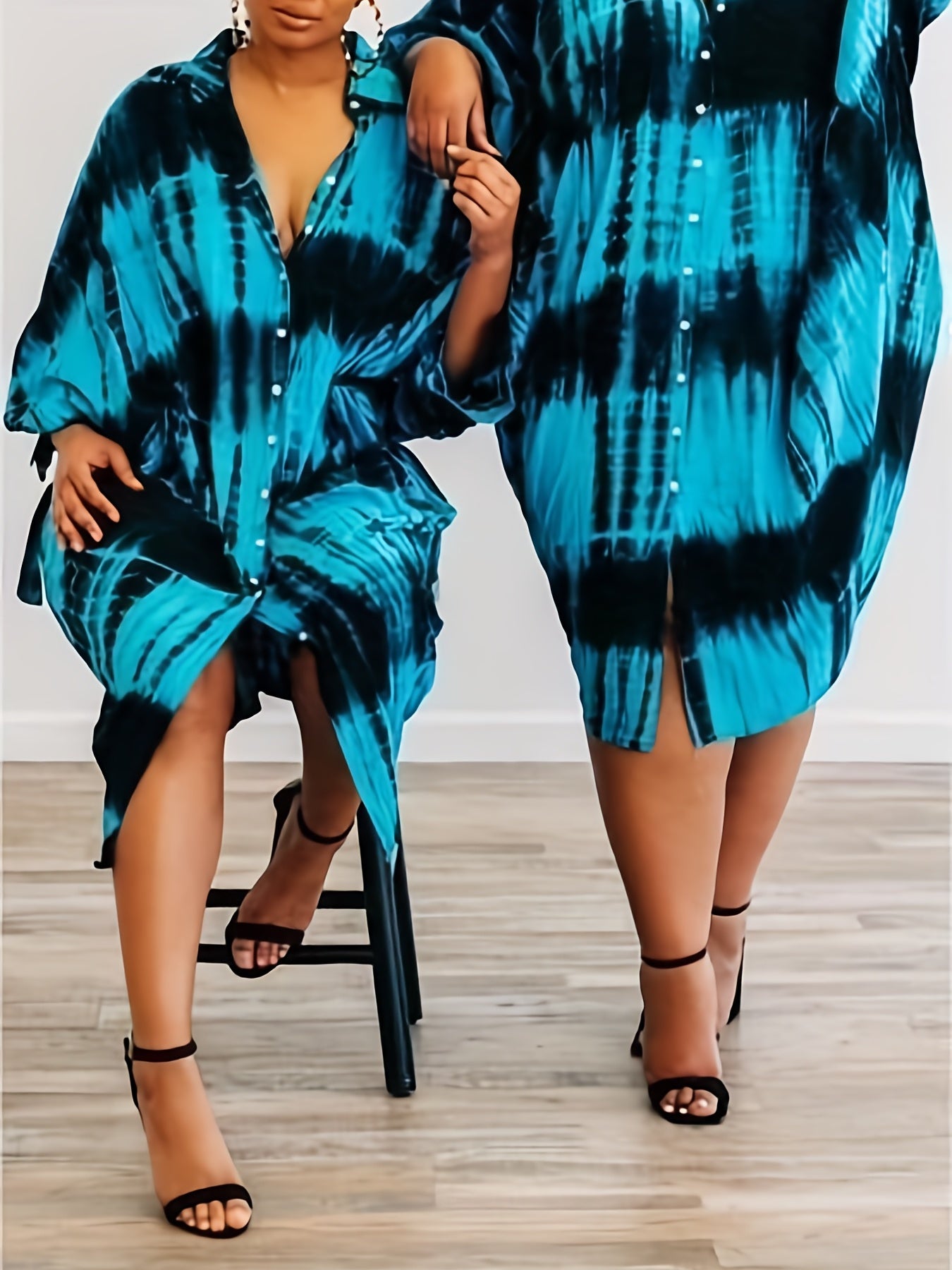 Women's Plus Tie Dye Long Sleeve Button Up Shirt Dress