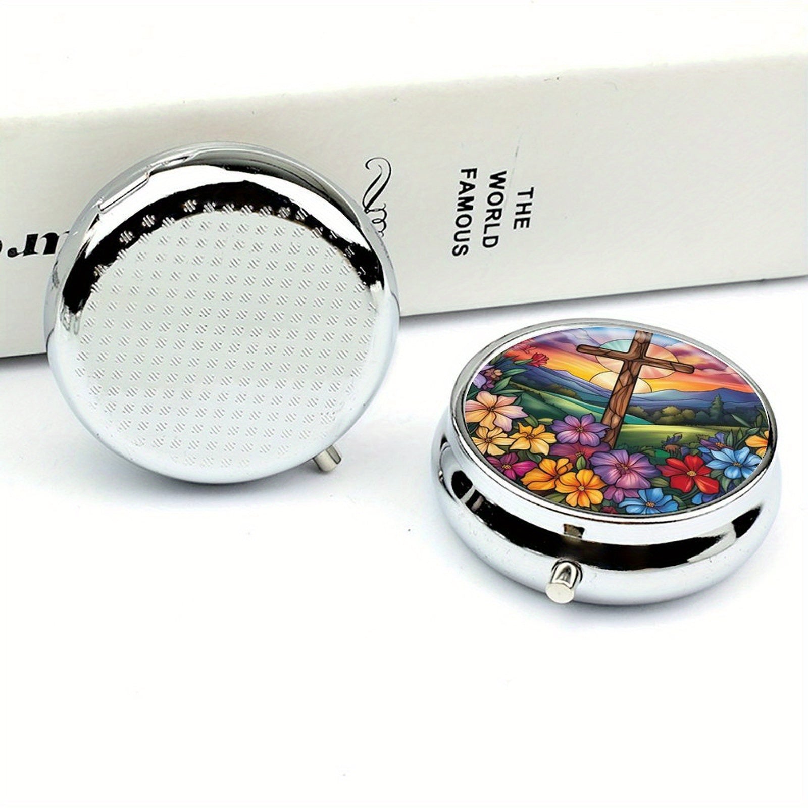 Stained Glass Cross Pill Organizer 2 Compartment Portable Medicine Case