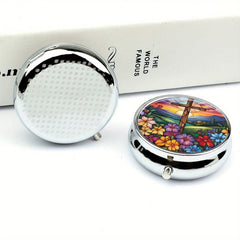 Stained Glass Cross Pill Organizer 2 Compartment Portable Medicine Case