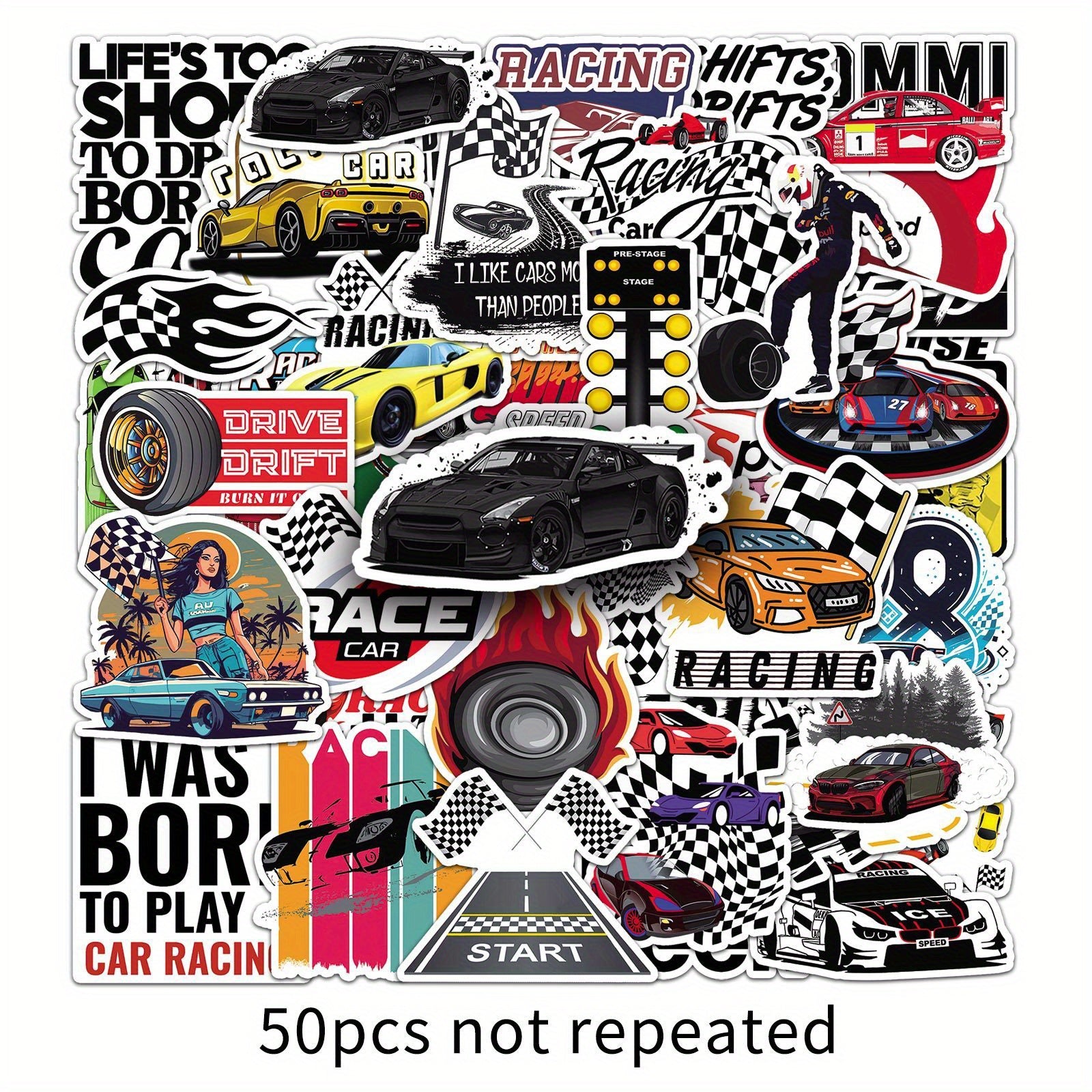 50pcs Racing Themed Sticker Pack for DIY Projects Halloween & Christmas