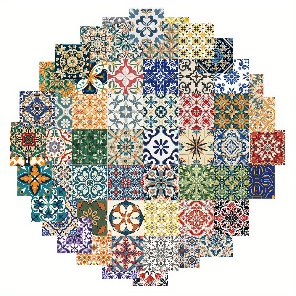 62pcs Retro Floral & Tile Stickers Mixed Colors Reusable Vinyl Decals