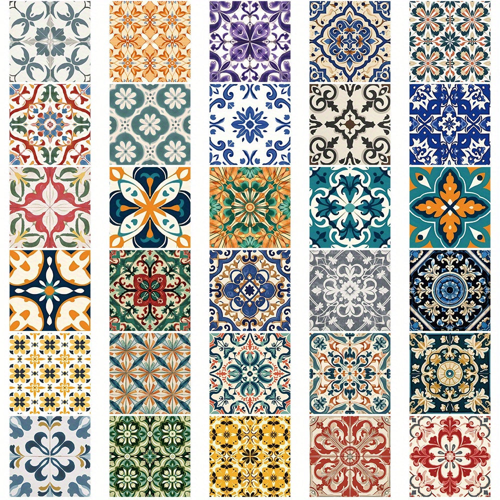 62pcs Retro Floral & Tile Stickers Mixed Colors Reusable Vinyl Decals