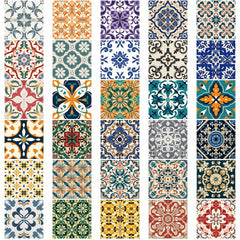 62pcs Retro Floral & Tile Stickers Mixed Colors Reusable Vinyl Decals