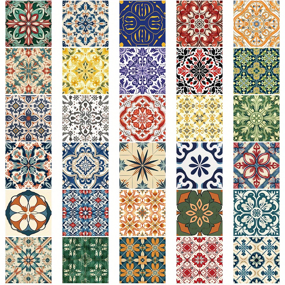 62pcs Retro Floral & Tile Stickers Mixed Colors Reusable Vinyl Decals
