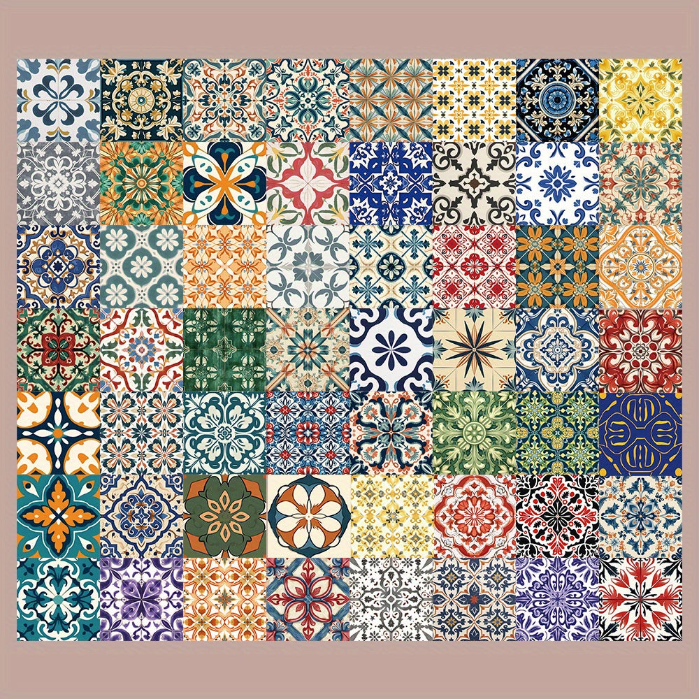62pcs Retro Floral & Tile Stickers Mixed Colors Reusable Vinyl Decals