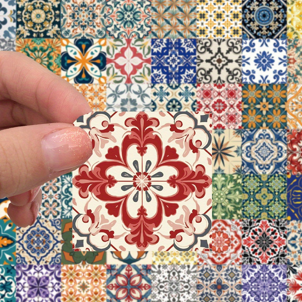 62pcs Retro Floral & Tile Stickers Mixed Colors Reusable Vinyl Decals