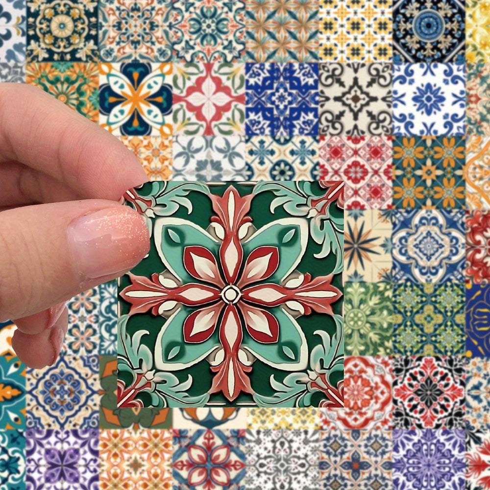 62pcs Retro Floral & Tile Stickers Mixed Colors Reusable Vinyl Decals