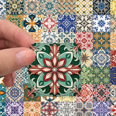 62pcs Retro Floral & Tile Stickers Mixed Colors Reusable Vinyl Decals