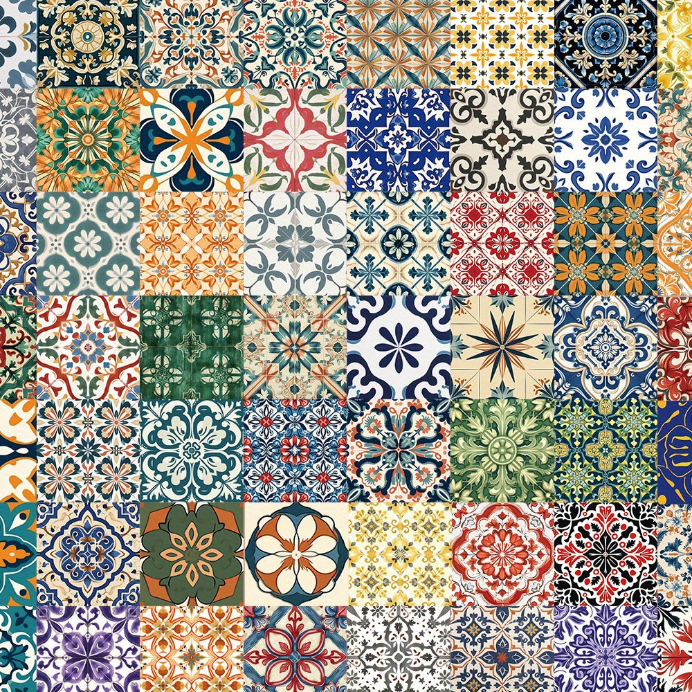 62pcs Retro Floral & Tile Stickers Mixed Colors Reusable Vinyl Decals