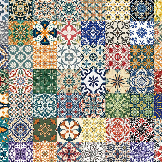 62pcs Retro Floral & Tile Stickers Mixed Colors Reusable Vinyl Decals