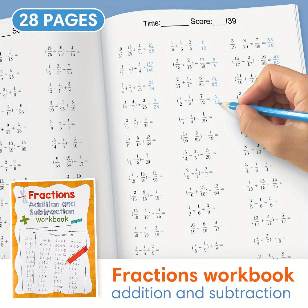Math Fractions Workbook Addition Subtraction Arithmetic Exercise