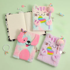 A5 Lockable Diary Journal Notebook Cat & Dog Plush Hardcover