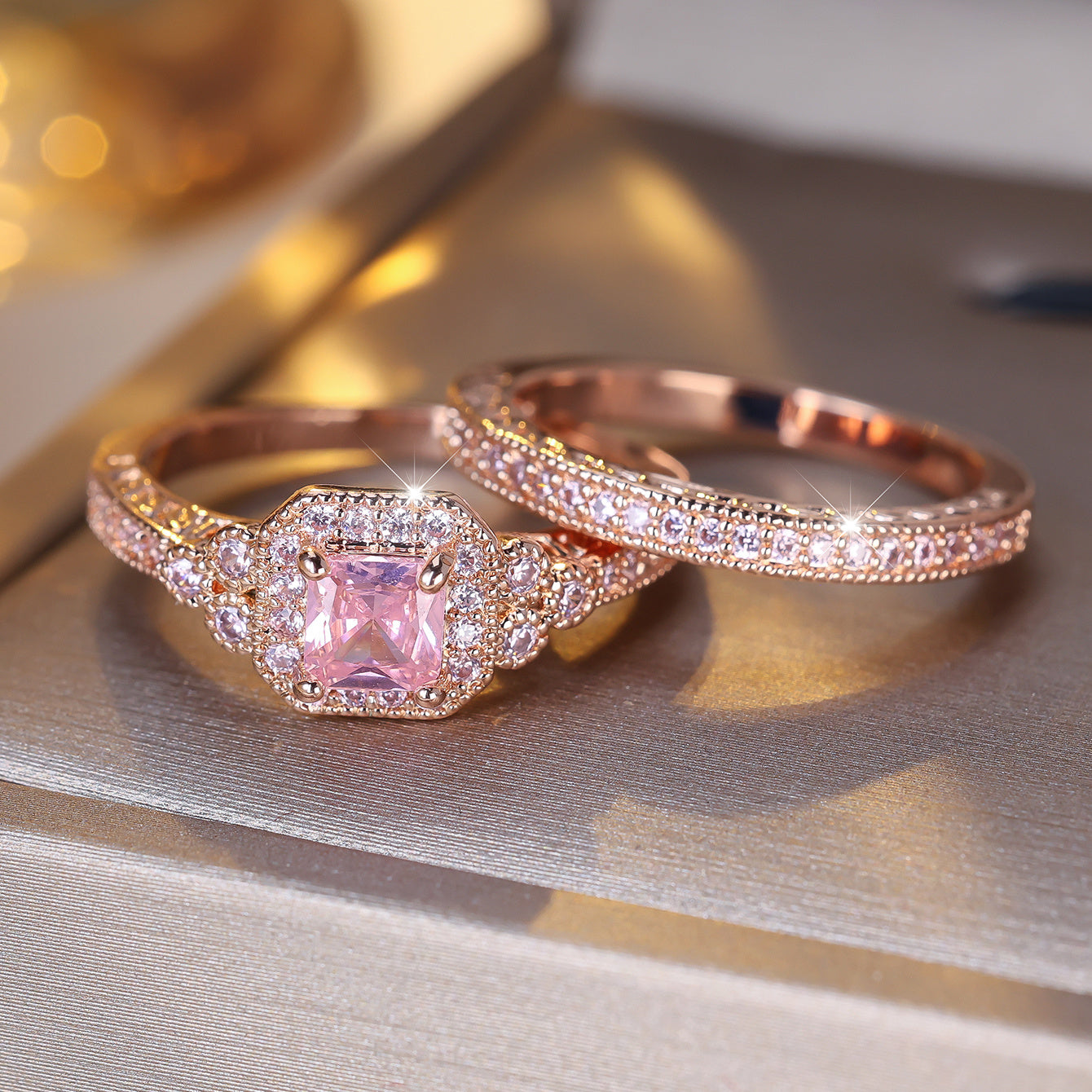 2pcs Sparkling Pink CZ Wedding Promise Rings for Special Occasions