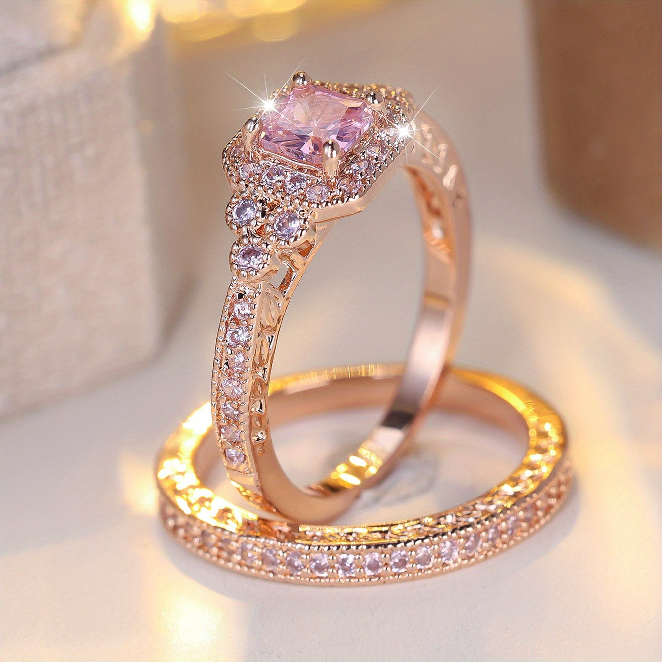 2pcs Sparkling Pink CZ Wedding Promise Rings for Special Occasions