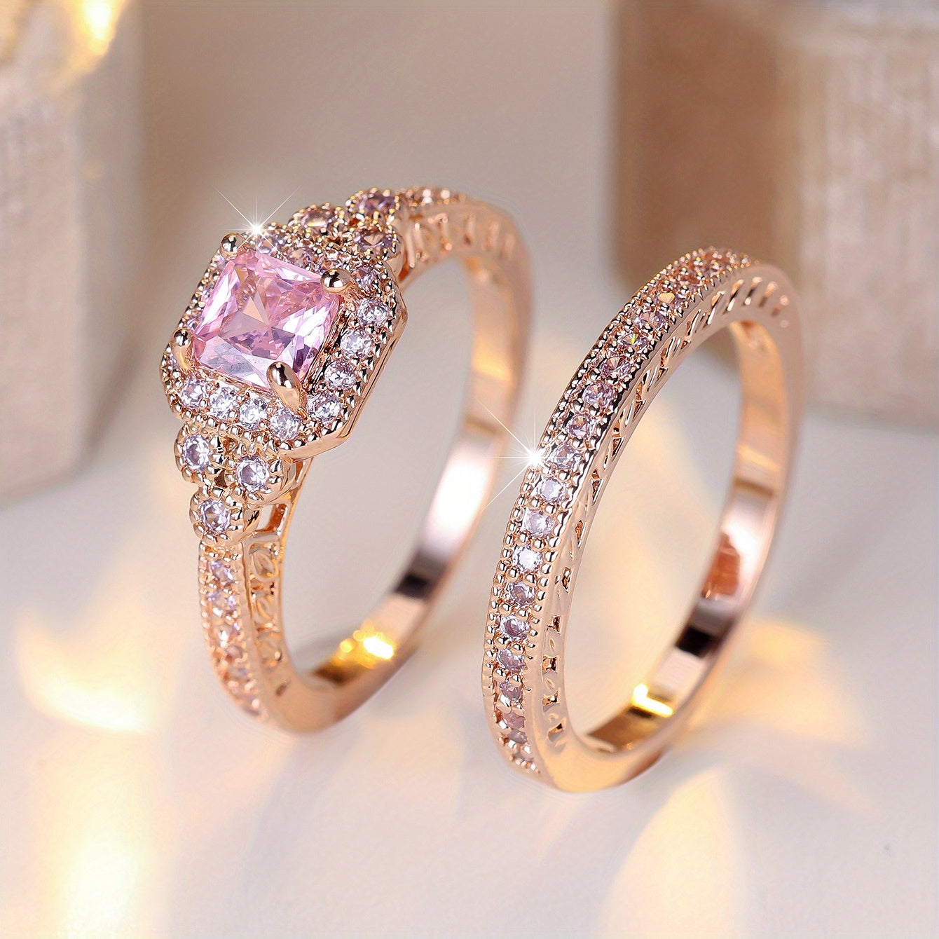 2pcs Sparkling Pink CZ Wedding Promise Rings for Special Occasions