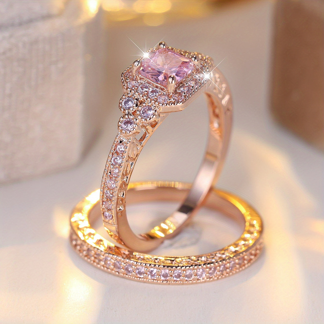 2pcs Sparkling Pink CZ Wedding Promise Rings for Special Occasions