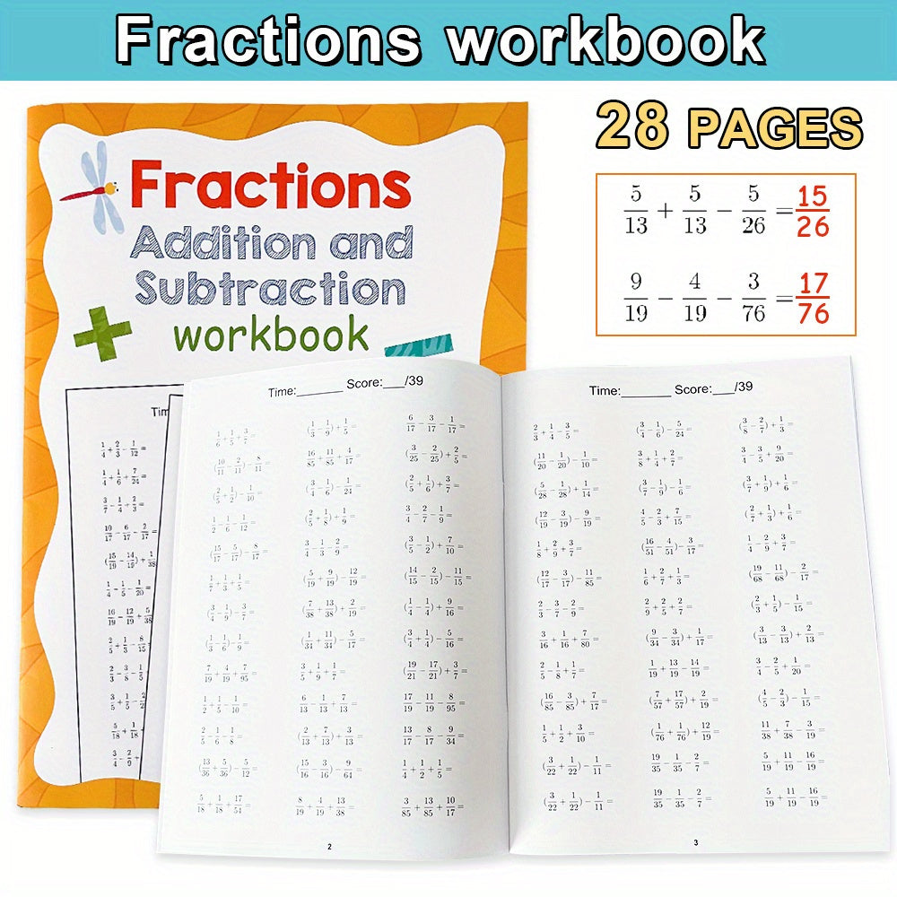 Fractions Addition & Subtraction Workbook Grades 3-6 Fun Math Practice Booklet