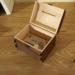 Vintage Brown Wooden Chest Bank with Lock and Handle