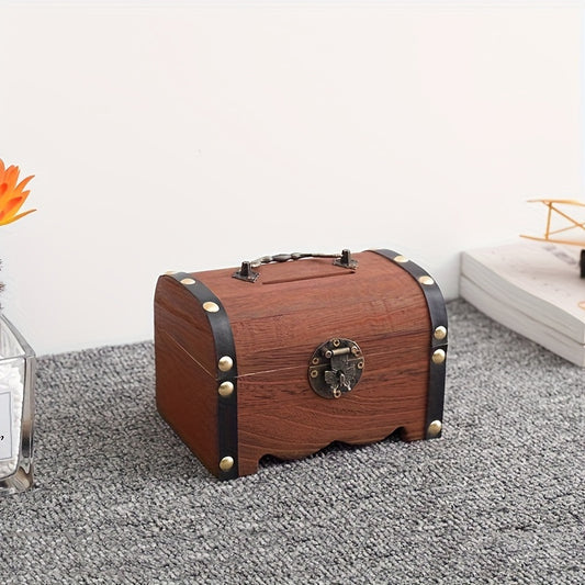 Vintage Brown Wooden Chest Bank with Lock and Handle