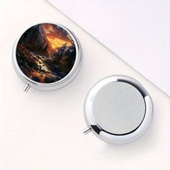 Landscape Print Round Pill Box 3 Compartments Mini Medicine Nutritional Vitamin