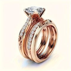 Rose Gold Engagement Ring Set with Diamonds and Engravings - April Birthstone