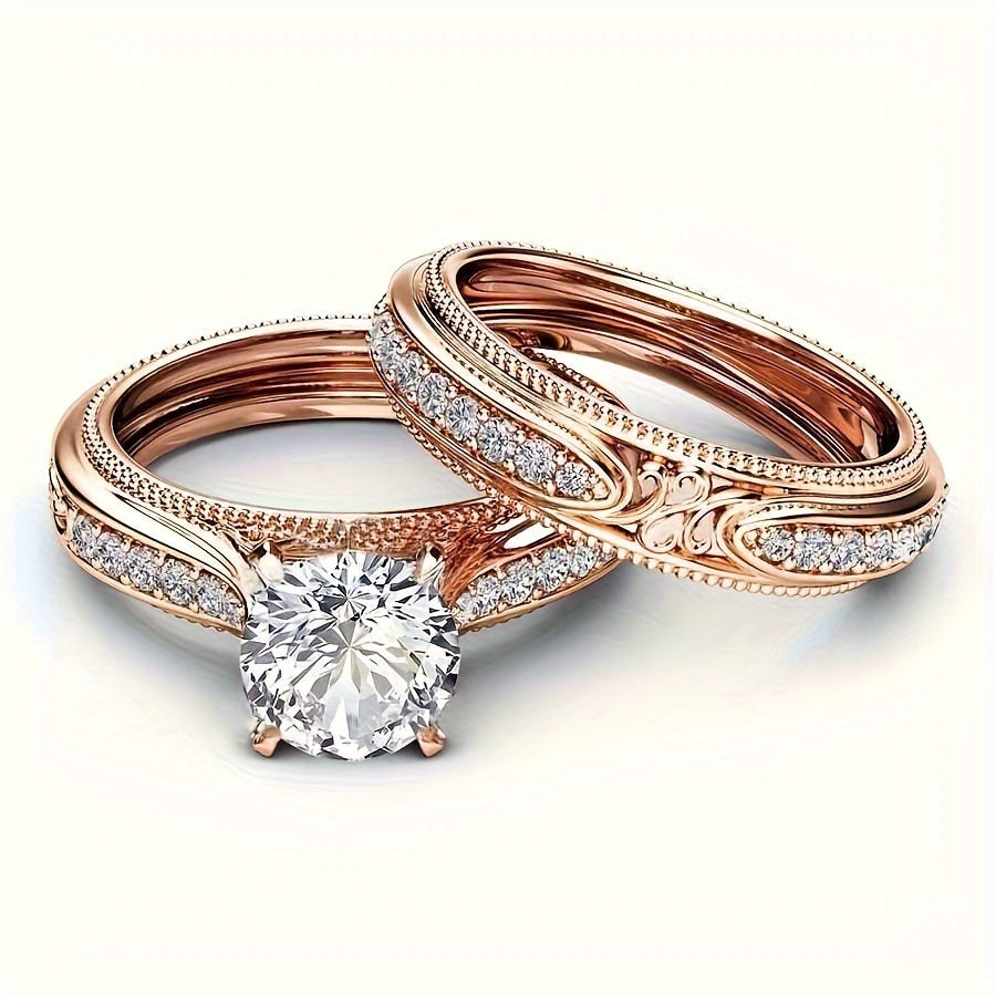 Rose Gold Engagement Ring Set with Diamonds and Engravings - April Birthstone