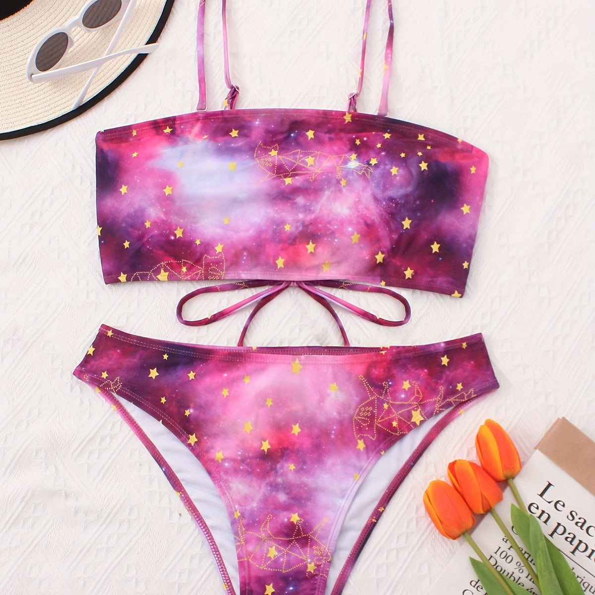  Galaxy Print Criss Cross Back Bikini Set Women's Plus Sexy