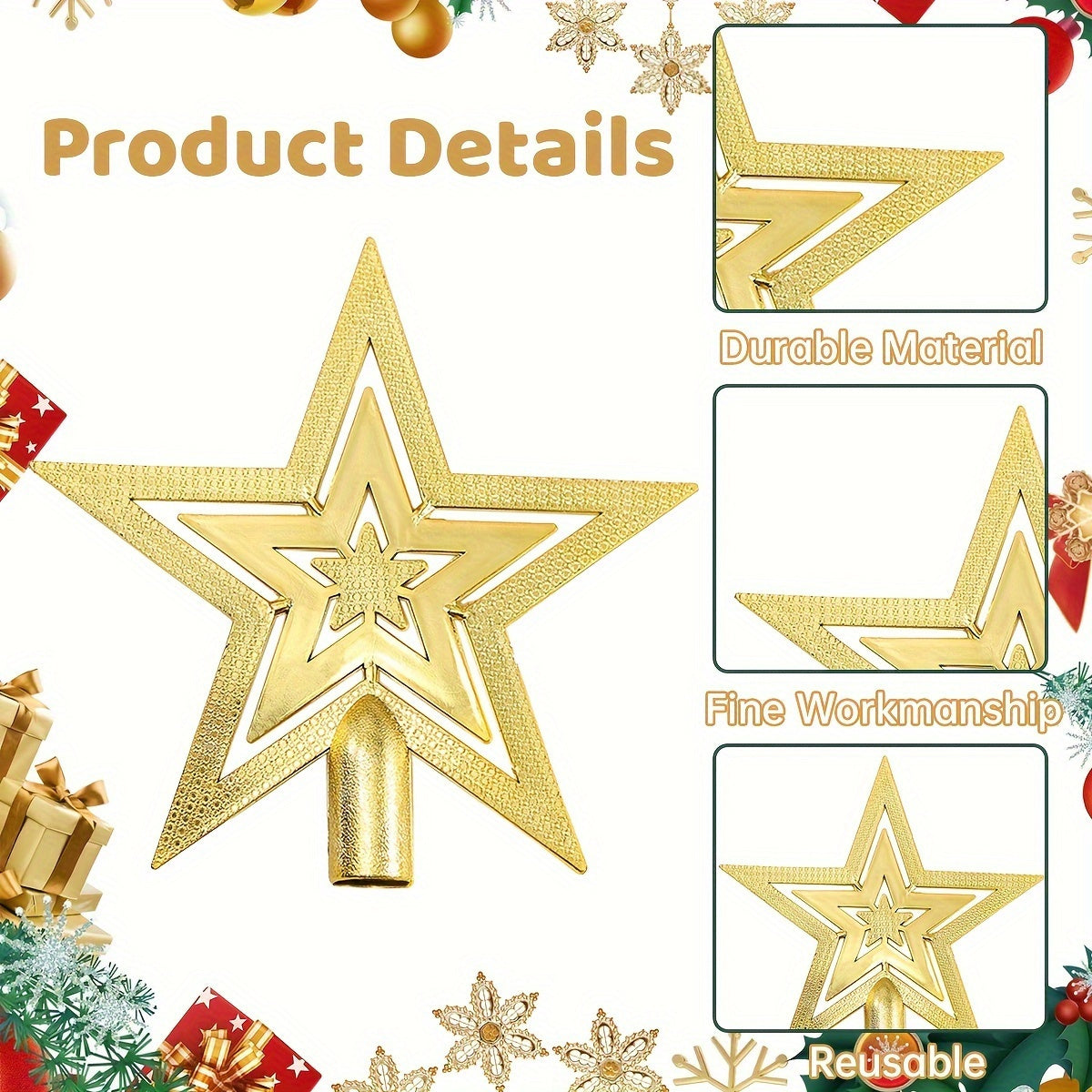 Sparkling Golden Star Christmas Tree Topper No Power Needed