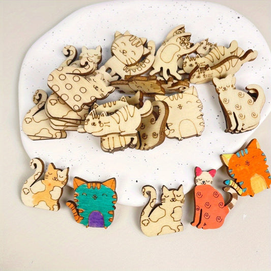 Wooden Cat Statues DIY Craft Toys for Children