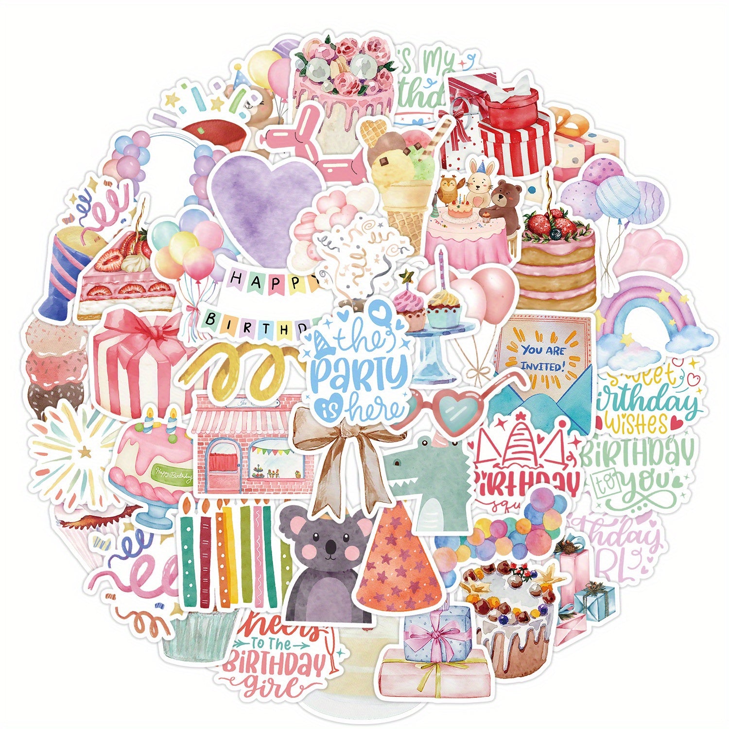 50PCS Birthday Cake Stickers - Cartoon Art, Irregular Shapes, S