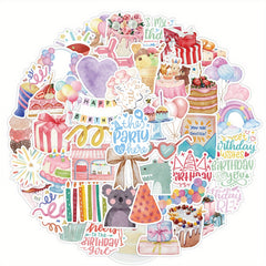 50PCS Birthday Cake Stickers - Cartoon Art, Irregular Shapes, S