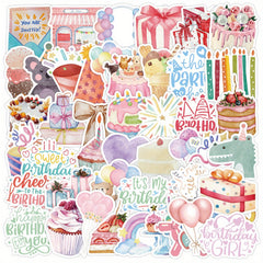 50PCS Birthday Cake Stickers - Cartoon Art, Irregular Shapes, S