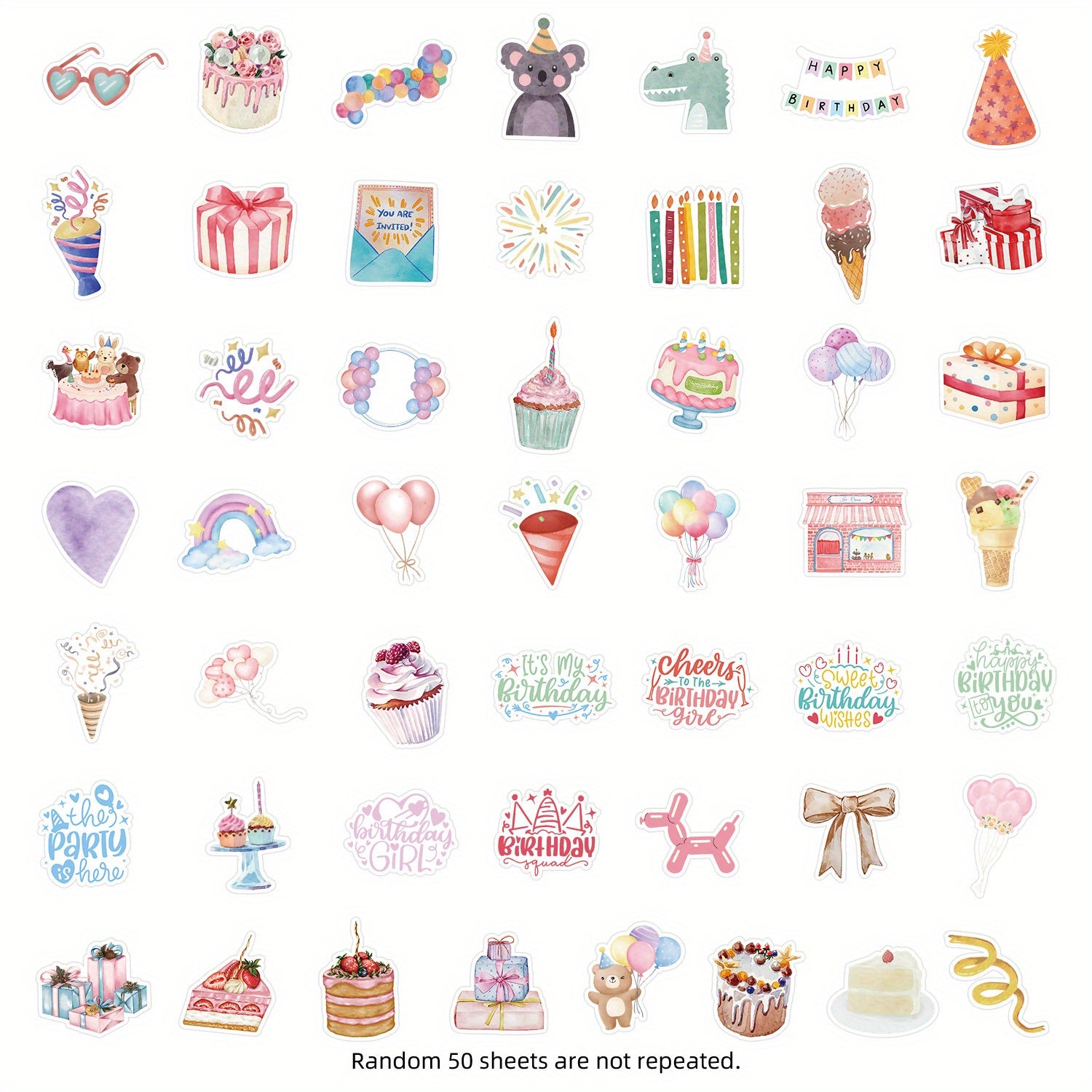 50PCS Birthday Cake Stickers - Cartoon Art, Irregular Shapes, S