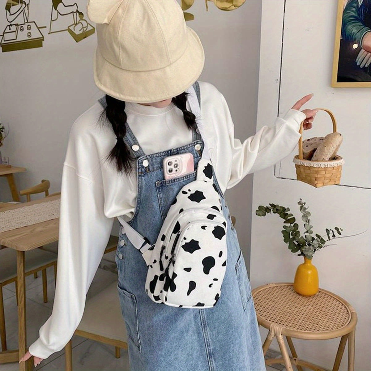 Cow Print Canvas Sling Bag for Women