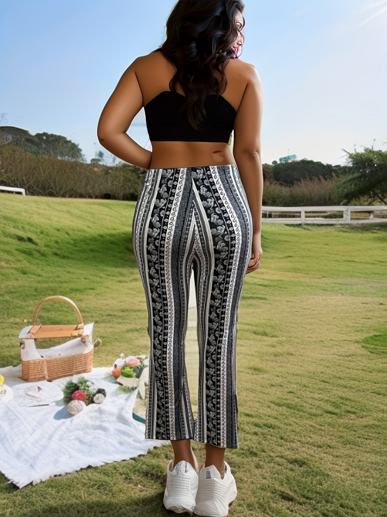  Boho Floral Print High Rise Flared Leg Trousers