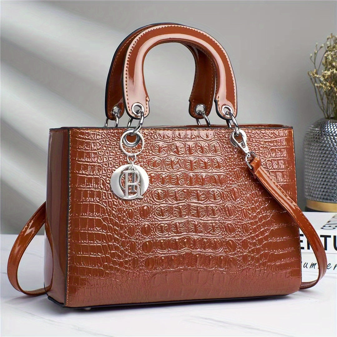 Crocodile Embossed Crossbody Bag Large Capacity Adjustable Strap