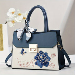 Floral PU Leather Briefcase Crossbody Bag